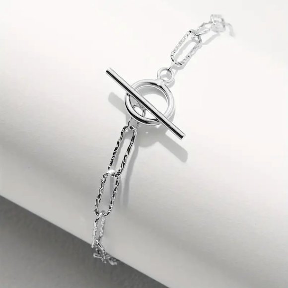 Elegant Minimalist Mosaic Chain With OT Buckle • Sterling 925 Silver Bracelet - Picture 2 of 4